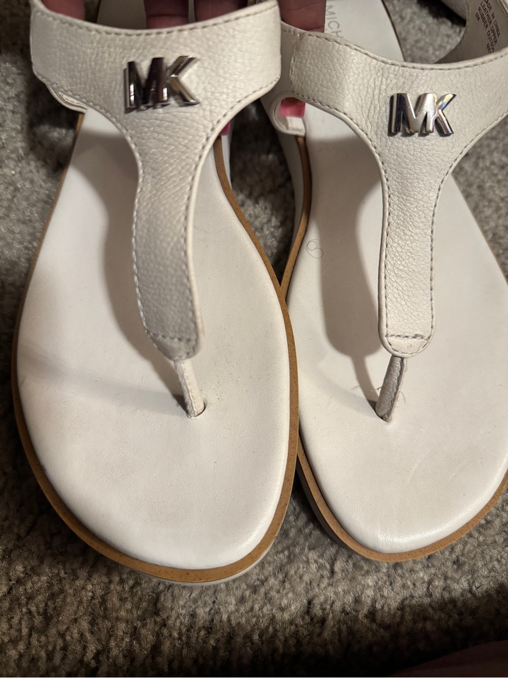 Michael Kors White Leather T-Strap Sandals with Silver MK Logo